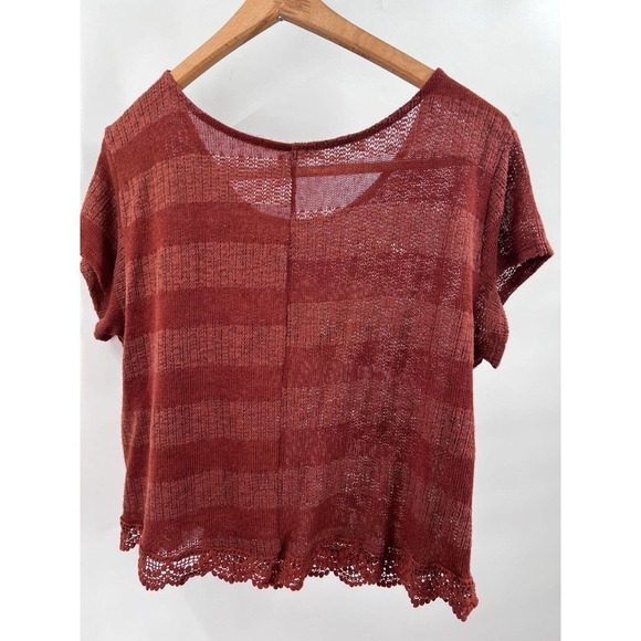 Lush Womens Medium Brown Striped Top Round-Neck Short Sleeves Lace Hem - Picture 4 of 6